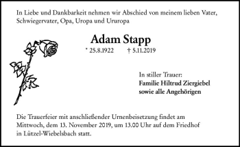 Traueranzeige von Adam Stapp von vrm-trauer