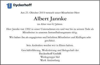 Traueranzeige von Albert Jannke von vrm-trauer