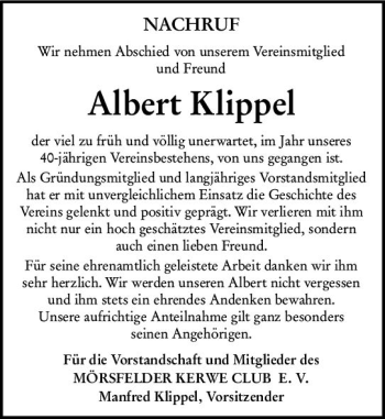 Traueranzeige von Albert Klippel von vrm-trauer