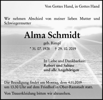 Traueranzeige von Alma Schmidt von vrm-trauer