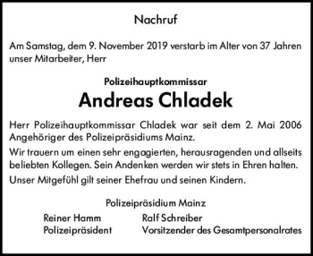 Traueranzeige von Andreas Chladek von vrm-trauer