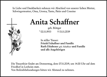Traueranzeige von Anita Schaffner von vrm-trauer
