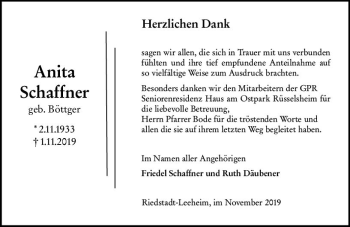 Traueranzeige von Anita Schaffner von vrm-trauer