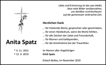 Traueranzeige von Anita Spatz von vrm-trauer