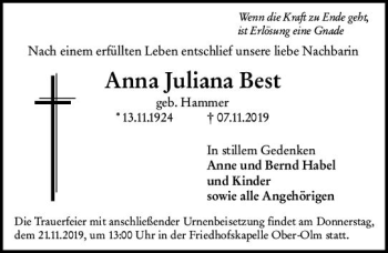 Traueranzeige von Anna Juliana Best von vrm-trauer