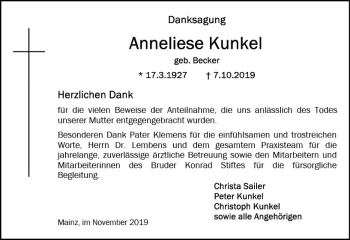 Traueranzeige von Anneliese Kunkel von vrm-trauer