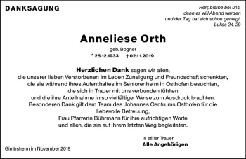 Traueranzeige von Anneliese Orth von vrm-trauer