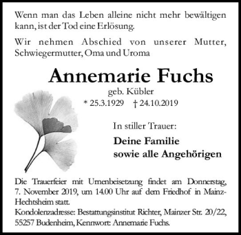 Traueranzeige von Annemarie Fuchs von vrm-trauer