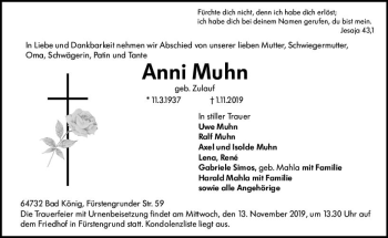 Traueranzeige von Anni Muhn von vrm-trauer