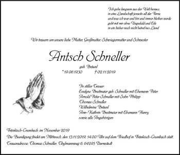 Traueranzeige von Antsch Schneller von vrm-trauer