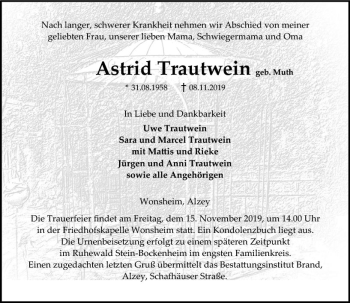 Traueranzeige von Astrid Trautwein von vrm-trauer