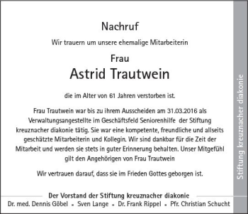 Traueranzeige von Astrid Trautwein von vrm-trauer