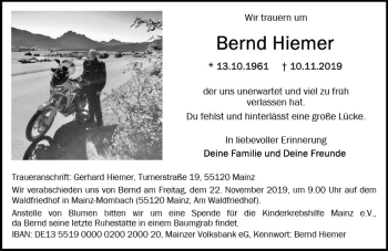 Traueranzeige von Bernd Hiemer von vrm-trauer