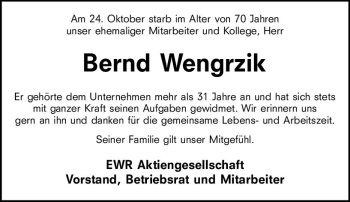 Traueranzeige von Bernd Wengrzik von vrm-trauer