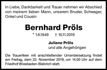 Traueranzeige von Bernhard Pröls von vrm-trauer
