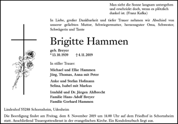 Traueranzeige von Brigitte Hammen von vrm-trauer