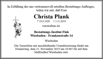 Traueranzeige von Christa Plank von vrm-trauer