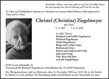 Traueranzeige von Christel Ziegelmeyer von vrm-trauer