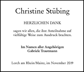 Traueranzeige von Christine Stübing von vrm-trauer