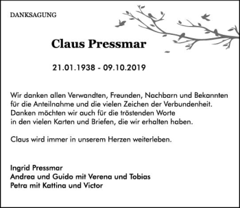 Traueranzeige von Claus Pressmar von vrm-trauer