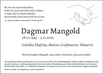 Traueranzeige von Dagmar Mangold von vrm-trauer