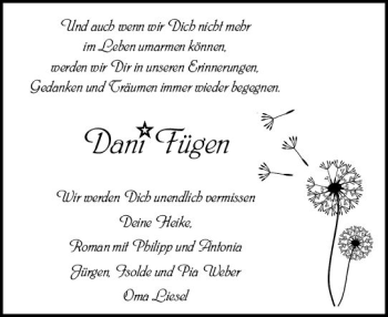 Traueranzeige von Dani Fügen von vrm-trauer