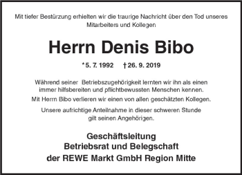 Traueranzeige von Denis Bibo von vrm-trauer