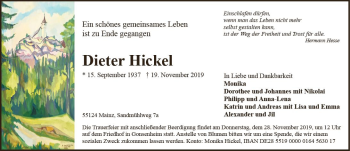 Traueranzeige von Dieter Hickel von vrm-trauer