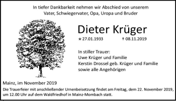 Traueranzeige von Dieter Krüger von vrm-trauer