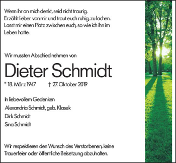 Traueranzeige von Dieter Schmidt von vrm-trauer