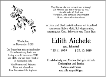 Traueranzeige von Edith Aichele von vrm-trauer