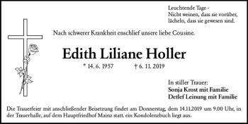 Traueranzeige von Edith Liliane Hohler von vrm-trauer