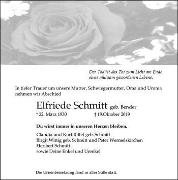 Traueranzeige von Elfriede Schmitt von vrm-trauer