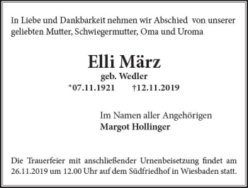 Traueranzeige von Elli März von vrm-trauer