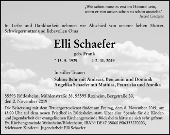 Traueranzeige von Elli Schaefer von vrm-trauer