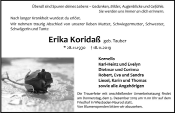Traueranzeige von Erika Koridaß von vrm-trauer