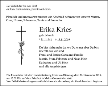 Traueranzeige von Erika Kries von vrm-trauer