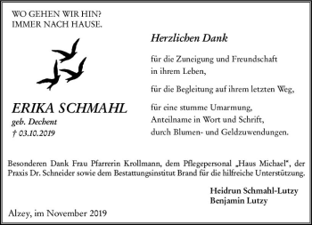 Traueranzeige von Erika Schmahl von vrm-trauer