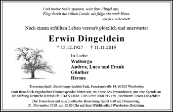 Traueranzeige von Erwin Dingeldein von vrm-trauer