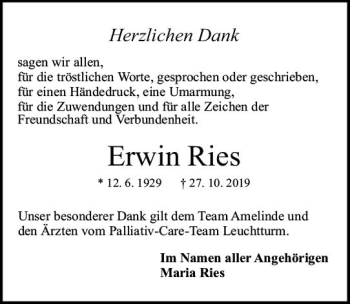 Traueranzeige von Erwin Ries von vrm-trauer