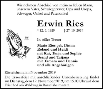 Traueranzeige von Erwin Ries von vrm-trauer