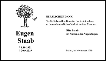 Traueranzeige von Eugen Staab von vrm-trauer