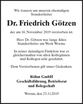 Traueranzeige von Friedrich Götzen von vrm-trauer