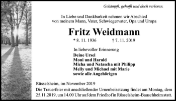 Traueranzeige von Fritz Weidmann von vrm-trauer