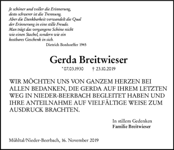 Traueranzeige von Gerda Breitwieser von vrm-trauer