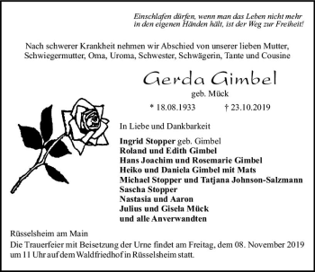 Traueranzeige von Gerda Gimbel von vrm-trauer