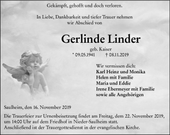 Traueranzeige von Gerlinde Linder von vrm-trauer