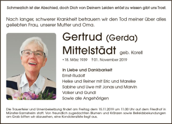 Traueranzeige von Gertrud Mittelstädt von vrm-trauer