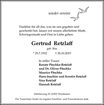 Traueranzeige von Gertrud Retzlaff von vrm-trauer