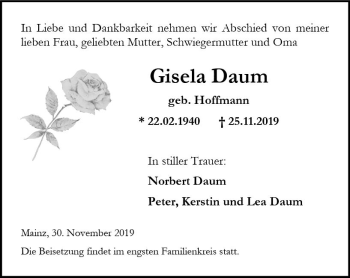 Traueranzeige von Gisela Datim von vrm-trauer